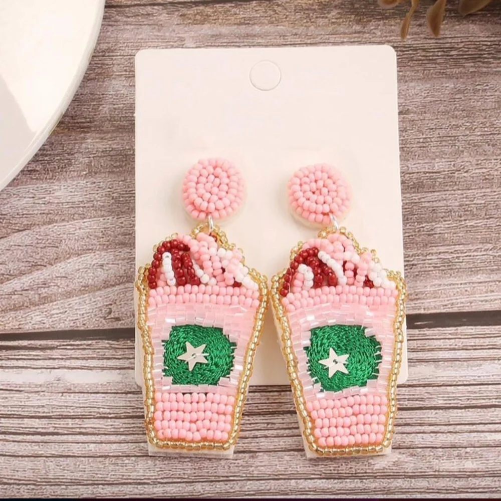 ❤️❤️ FREE Coffee Beaded Shimmer Hipster Pearl Faux Star Drop Chic Glam Earrings